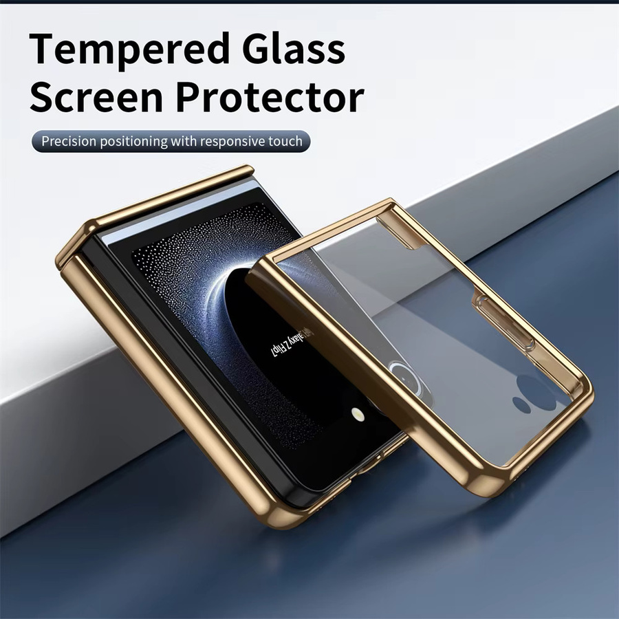 Samsung Galaxy Z Flip Schutzhülle mit mattem AG-Glas, Scharnier-Vollschutz und Frontfolie in Orange und Gold - Bild 4