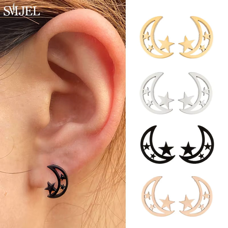 SMJEL Ohrstecker Edelstahl, Mond und Stern, Damen, Mädchen - Bild 4