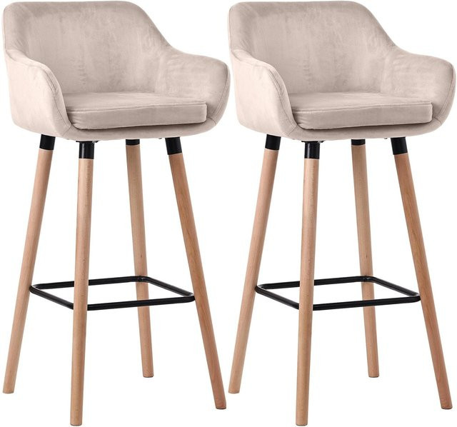 CLP Barhocker 2er Set gepolstert mit Lehne Grant in Beige mit Samtbezug und Holzgestell - Bild 1