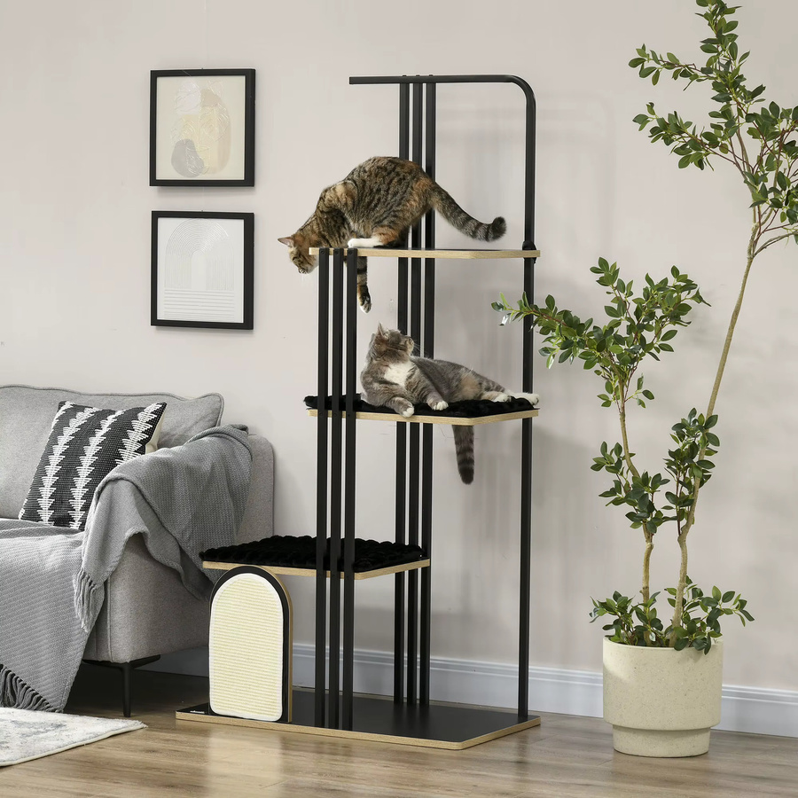 Svintora Katzen-Kratzbaum im Industrial Design mit Metallrahmen, drei Holzplattformen, zwei Plüsch-Liegematten und Sisal-Kratzwand in Schwarz Matt - Bild 2