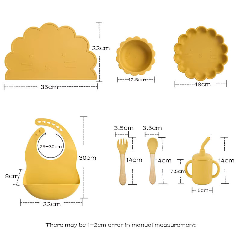 Kawaii Cartoon Baby Geschirr Set aus Silikon in Gelb mit Lätzchen, Teller mit Saugnapf, Matte, Trinkbecher und Löffel - Bild 1
