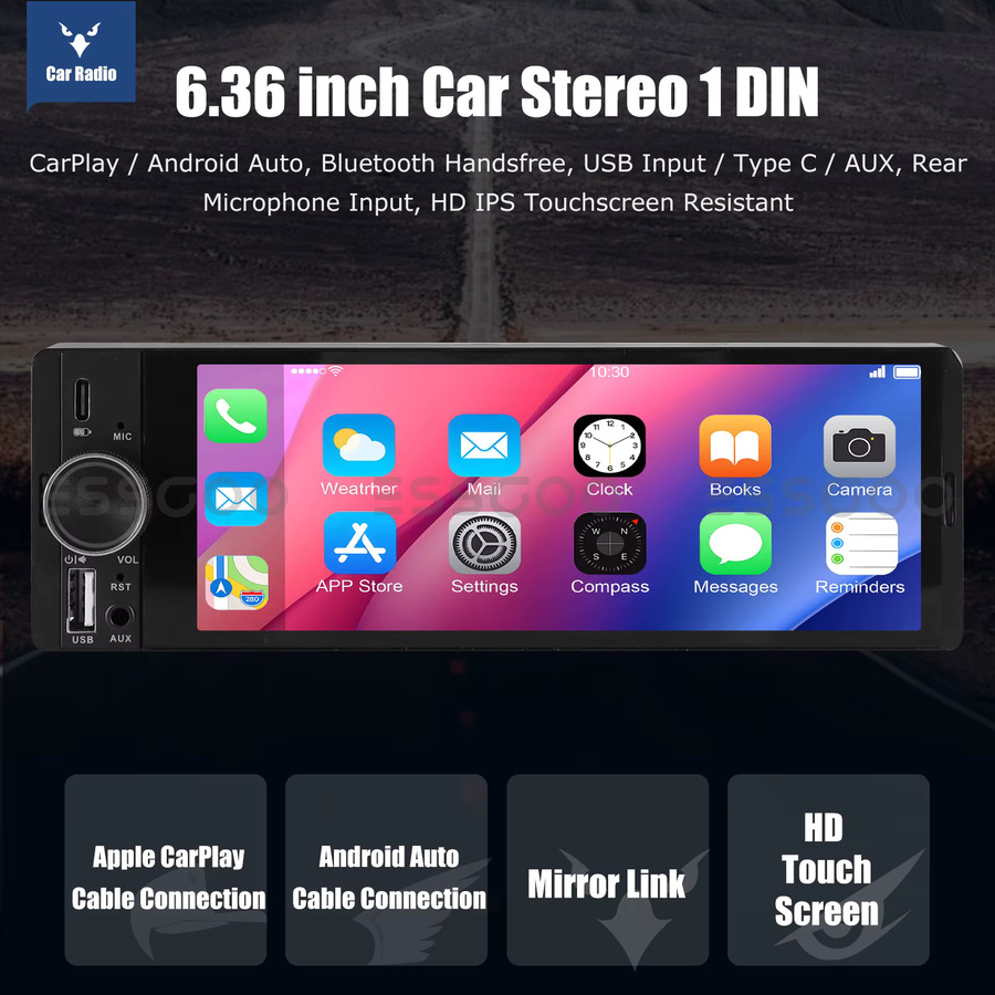 MOPECT Universal 1 DIN Autoradio mit 6,36 Zoll Touchscreen, CarPlay, Android Auto, Bluetooth, USB/Type-C und Freisprechfunktion in Schwarz - Bild 2