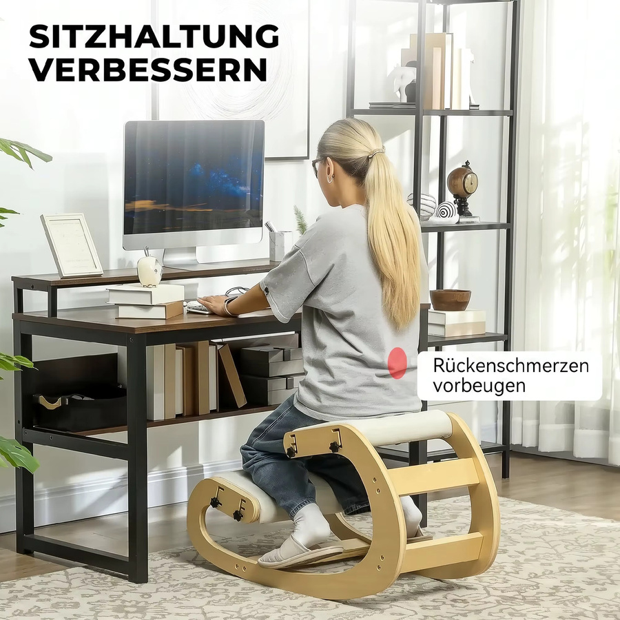 HOMCOM Ergonomischer Kniestuhl mit 6 verstellbaren Einstellungen und Holzbasis in Cremeweiß - Bild 3