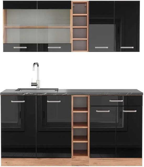 Vicco R-Line Singleküche Schwarz Hochglanz und Goldkraft Eiche mit Anthrazit, Breite: 160 cm - Bild 1