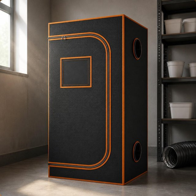 Belüftetes Indoor-Growzelt mit stabilem Rahmen und orangefarbenen Kanten in Schwarz/Orange - Bild 1