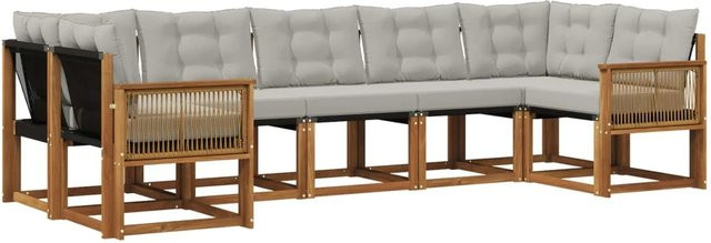vidaXL Outdoor-Sofagarnitur L-Form aus massivem Akazienholz mit 7 Textilene-Kissen in Hellgrau - Bild 1