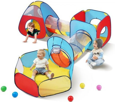 VEVOR 5 in 1 Kids Play Tent mit Tunnel und Basketball Hoop, ab 3 Jahren, Rot/Gelb/Blau - Bild 1