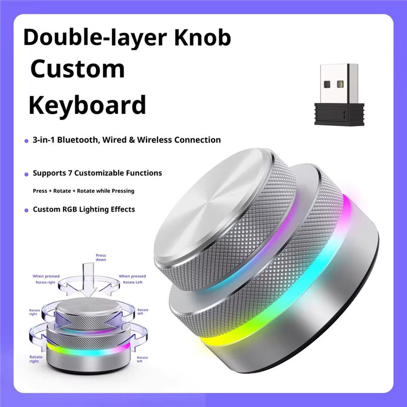 ABZW Multimedia-Controller mit RGB-Beleuchtung, 2,4G Bluetooth und USB-C, Lautstärkeregler in Silber/Multicolor für PC, Tablet und Telefon - Bild 2