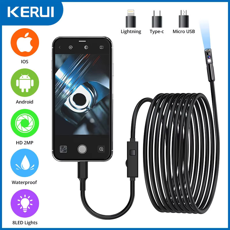 KERUI 2MP Mini-Inspektionskamera Endoskop für Autos und Rohrleitungen, Wasserdicht, Dual-Anschluss für USB-C und iPhone iOS, Schwarz - Bild 2