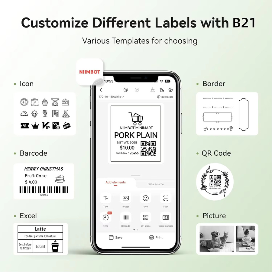 Niimbot B21 PRO Thermoetikettendrucker mit Bluetooth für Heim, Büro und Geschäft, 300dpi, mobil und drahtlos, Druckbreite: 20-50 mm - Bild 3