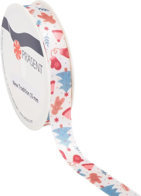 Satinband Winter Wonderland in Beige und Multicolor aus Polyester mit Weihnachtsbaum-, Mützen- und Sternmotiven - Bild 1
