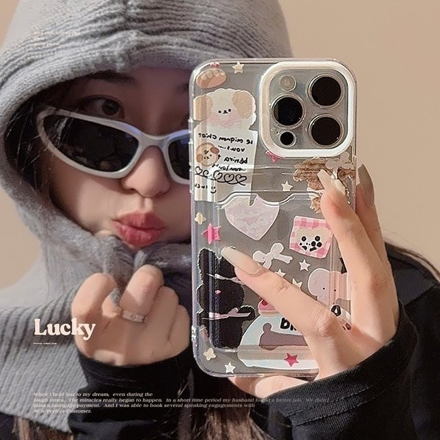 MUQGEW Transparente Handyhülle im koreanischen Cartoon-Stil mit Kartenhalter für iPhone 11 bis iPhone 16 Pro Max, stoßfeste Schutzhülle - Bild 1