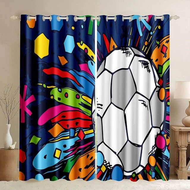 A Family Of Home Textiles Fenstervorhänge mit Fußballserien-Muster in Multicolor, 2er-Set für Kinderzimmer und Wohnzimmer, B: 50 cm, H: 130 cm - Bild 1