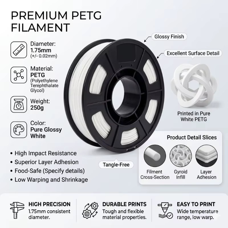 MANLANG PETG Filament 1,75 mm für FDM 3D-Drucker in Schwarz und Weiß, 250 g - Bild 4