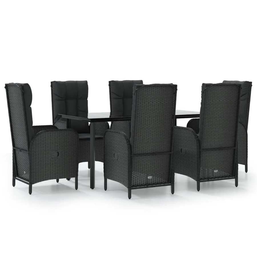 vidaXL 7-teilige Garten-Essgruppe aus Poly Rattan in Schwarz mit Tisch aus gehärtetem Glas und Kissen - Bild 2