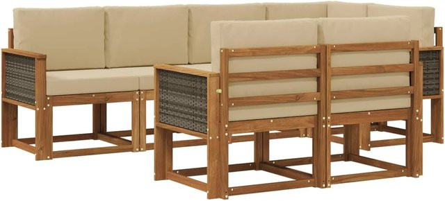 vidaXL Outdoor-Sofagarnitur in L-Form aus Akazienholz mit 7 Kissen, Beige und Braun - Bild 1
