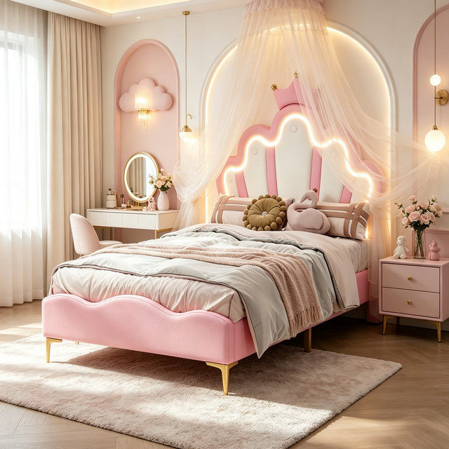Anajqaqia Polsterbett für Kinder und Mädchen in Pink mit Kronen-Design, höhenverstellbarem Kopfteil und Unterbettbeleuchtung, Einzelbett mit Lattenrost, B/T: 90 x 200 cm - Bild 1