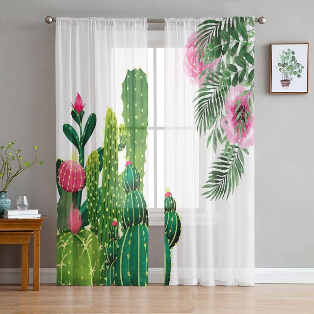 Transparente Vorhänge mit Kaktus- und tropischen Blumenmustern von Household supplies MH aus Polyester, Farbe: Transparent/Mehrfarbig, B: 135 cm, H: 185 cm - Bild 1