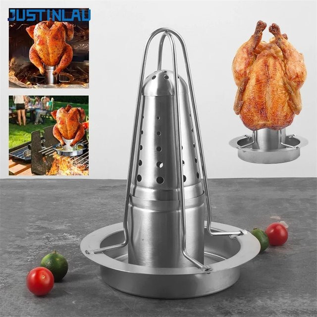 JUSTINLAU Edelstahl-Grillständer in Silber, abnehmbares Outdoor-BBQ-Werkzeug mit antihaftbeschichteter Grillplatte für Hähnchen - Bild 1
