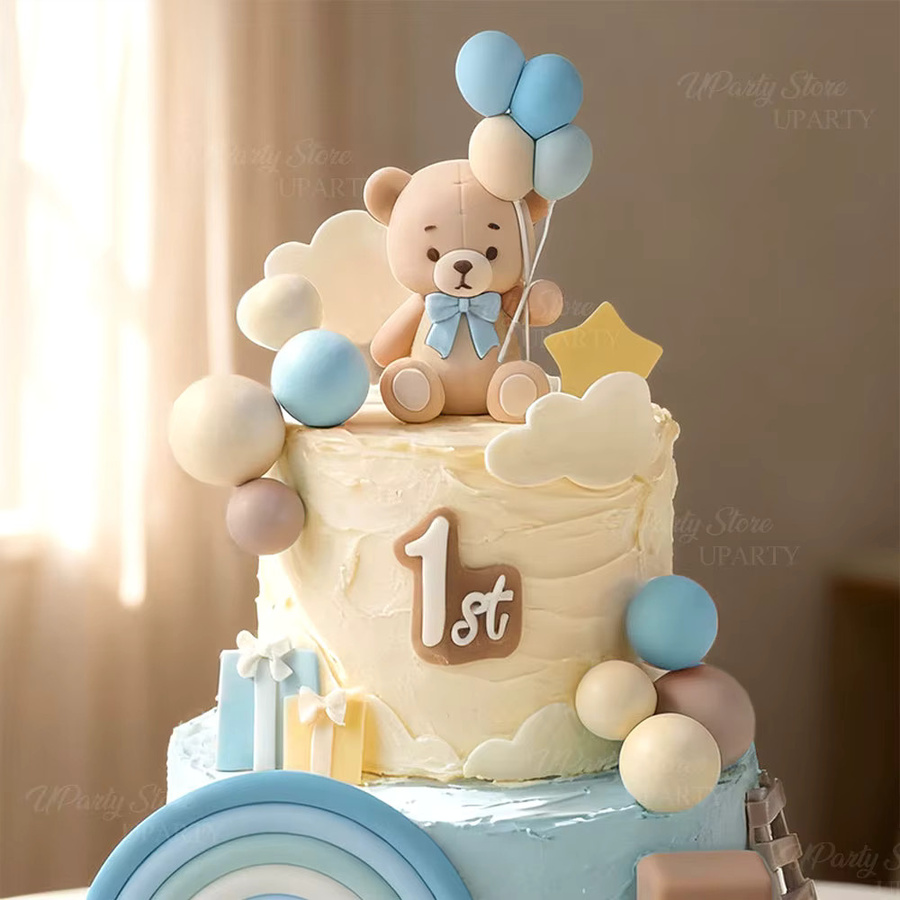 Set aus blauen Luftballon-Bär-Kuchenaufsätzen mit Regenbogen-Schaumstoffbällen für Geburtstag und Babyparty - Bild 3
