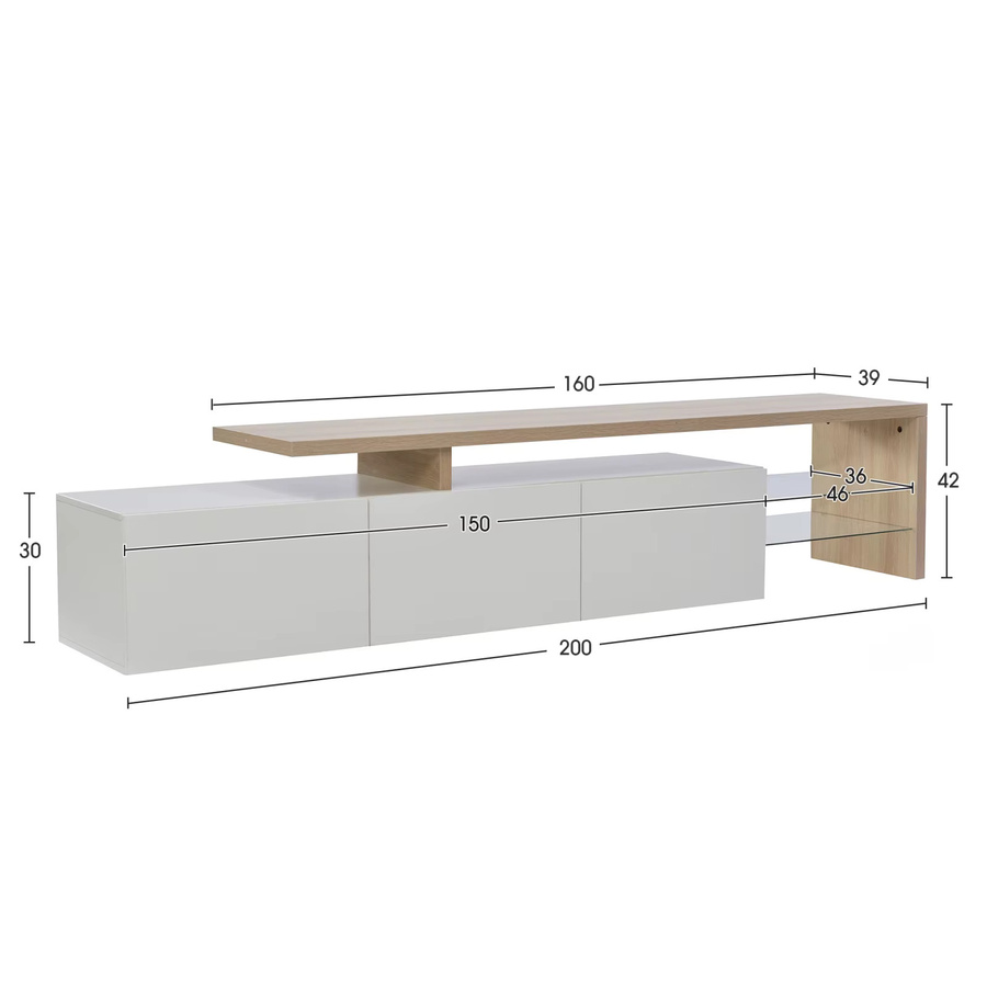 Rosahqnda Moderner TV-Schrank in Weiß Hochglanz mit LED-Beleuchtung, 2 Glasabtrennungen und 3 Schubladen - Bild 3