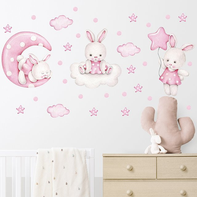 BRUP Wandtattoos für das Kinderzimmer mit Cartoon Mond Wolken Sternen und Kaninchen in Rosa - Bild 1