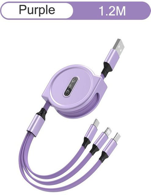 Y.Better 3 in 1 Ausziehbares USB-Schnellladekabel mit Micro-USB, USB-C und Lightning Anschlüssen in Violett - Bild 1