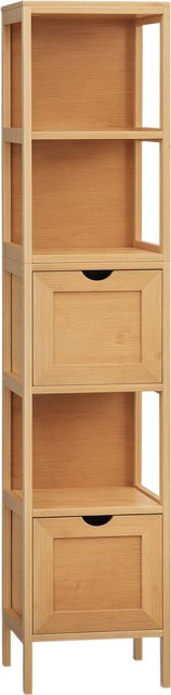 kleankin Badezimmerschrank Hochschrank aus Bambus in Naturholz mit 3 Regalen und 2 Schubladen inklusive Kippschutz - Bild 1