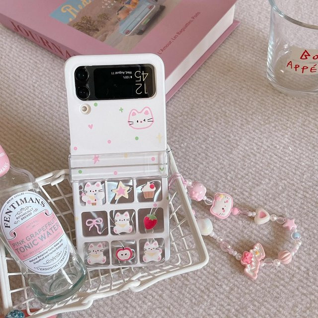 3-teiliges Schutzhüllen-Set mit Cartoon-Katzen-Design für Samsung Galaxy Z Flip 3, Z Flip 4, Z Flip 5 und Z Flip 6 5G in Weiß - Bild 1
