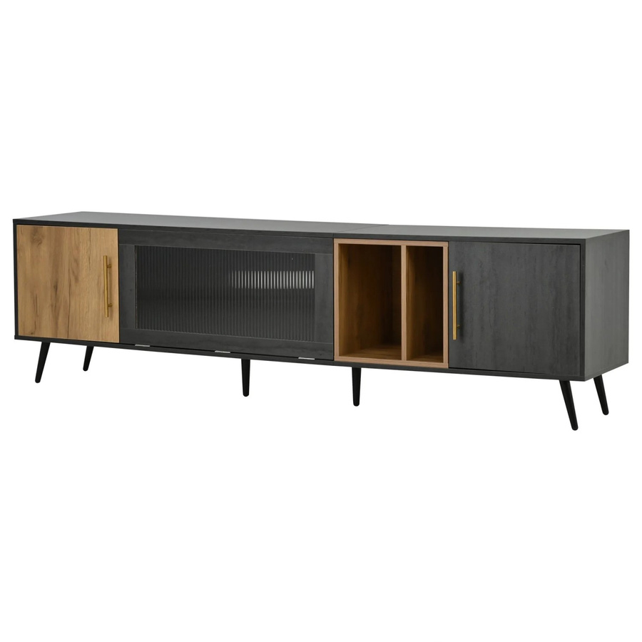 okwish TV Schrank modern mit Stauraum in Holzmaserung, Farbe Dunkelholz Grau, B/T/H: 200 x 40 x 55,5 cm - Bild 2