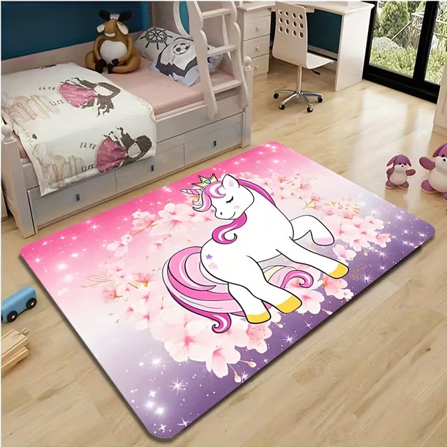 Einhorn-Teppich mit Kirschblüten- und Sternmuster in Pink für Kinderzimmer und Wohnzimmer - Bild 1