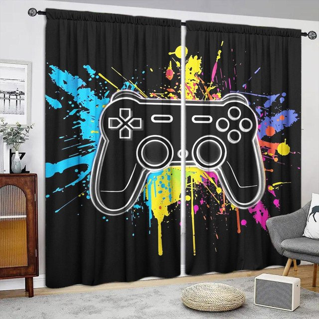 2er-Set Vorhang mit Graffiti-Henkel-Print von Household supplies MH in Blau und Multicolour, halbtransparent, B: 52,5 cm, H: 116 cm - Bild 1