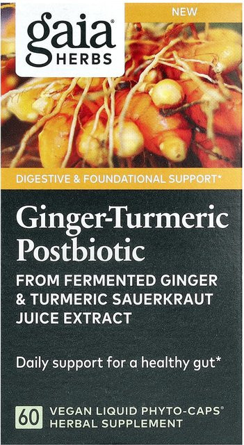 Gaia Herbs Ingwer-Kurkuma-Postbiotikum, vegane flüssige Phyto-Kapseln, 60 Tabletten - Bild 1