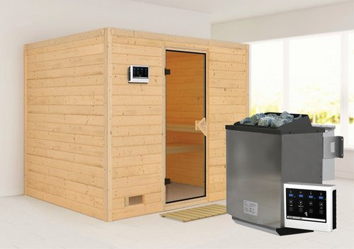 Karibu Paldiski Bio-Kombi-Sauna aus Fichtenholz für 4 Personen inkl. 9 kW Saunaofen mit externer Steuerung, beige, B/T/H: 236 x 209 x 184 cm - Bild 1