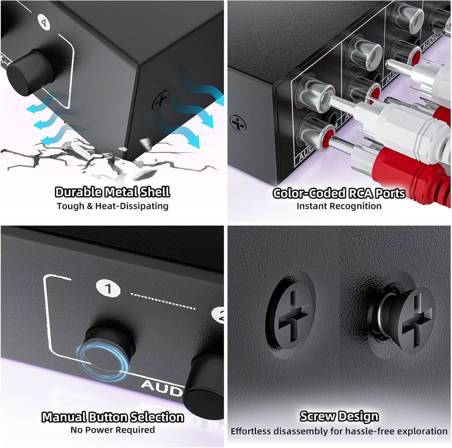 Konsenda 4 in 1 Audio Switcher Bidirektionaler Stereo Passiv Selektor 3,5 mm AUX und RCA Schwarz - Bild 3