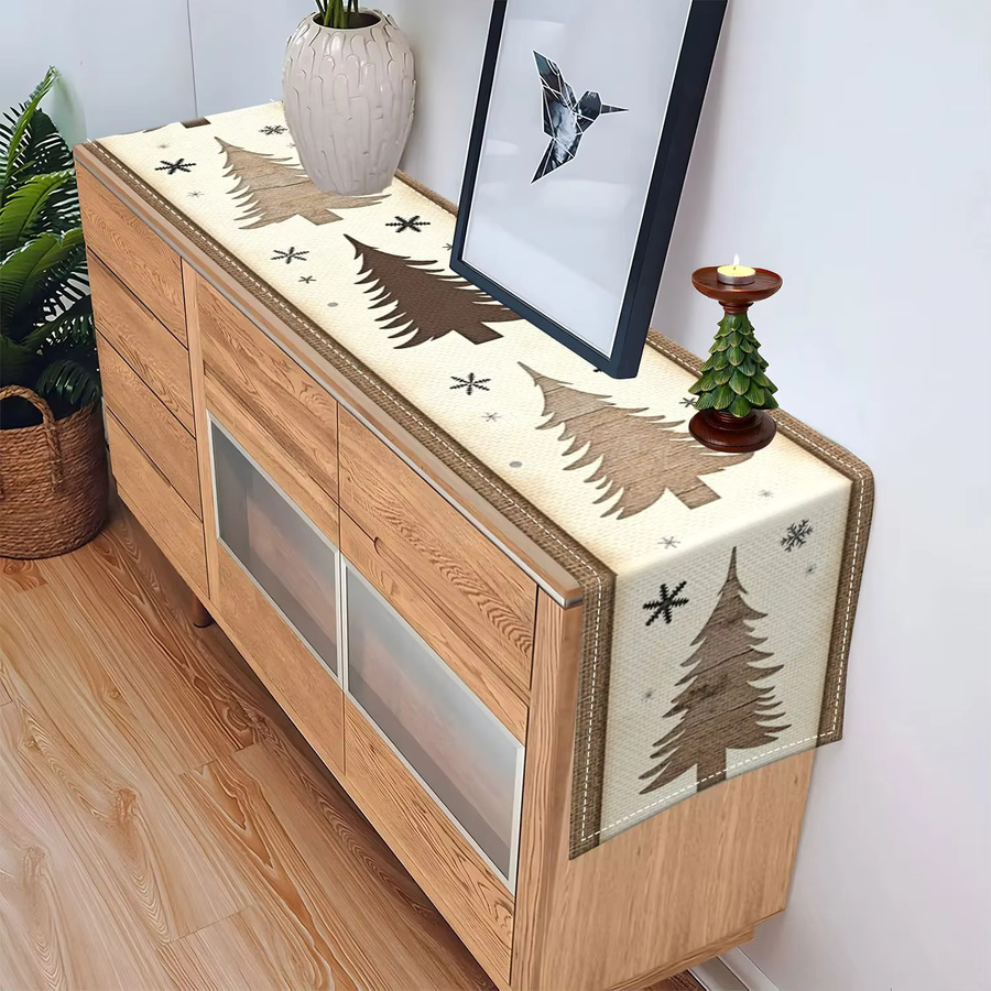 VIKAMA Weihnachts-Tischläufer aus Kiefernholz in Beige mit Vintage-Kiefern und Schneeflocken, B/H: 90 x 33 cm - Bild 4