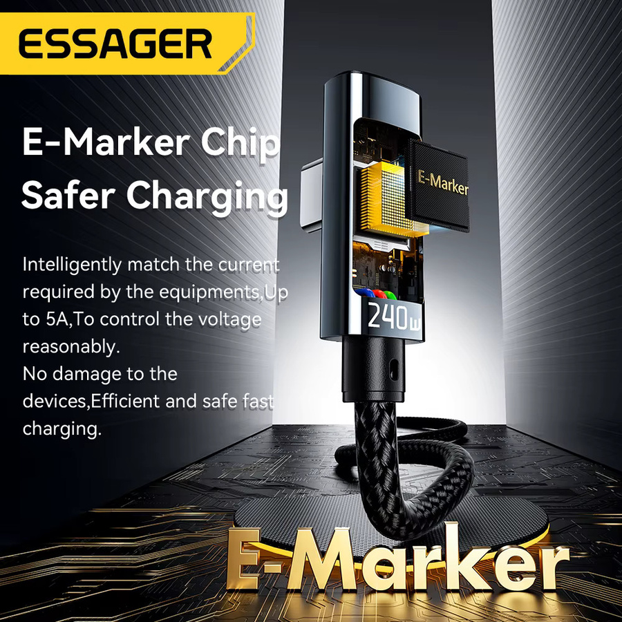 Essager 240W Typ-C-zu-Typ-C-Schnellladekabel mit 90-Grad-Winkel und Digitalanzeige für iPhone, MacBook Pro und Xiaomi, USB-C Kabel in Schwarz oder Grau - Bild 4