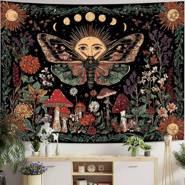 VIKAMA Wandteppich im Bohemian-Stil mit Retro Psychedelic Moth und Sonnen-Motiv, mehrfarbig - Bild 1