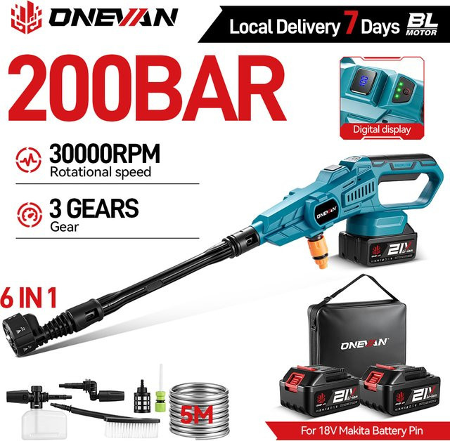 ONEVAN Bürstenloser Hochdruckreiniger mit 200 Bar Druck und 6-in-1 Akku-Sprühpistole für Auto- und Gartenreinigung, kompatibel mit Makita LXT 18V Akku - Bild 1