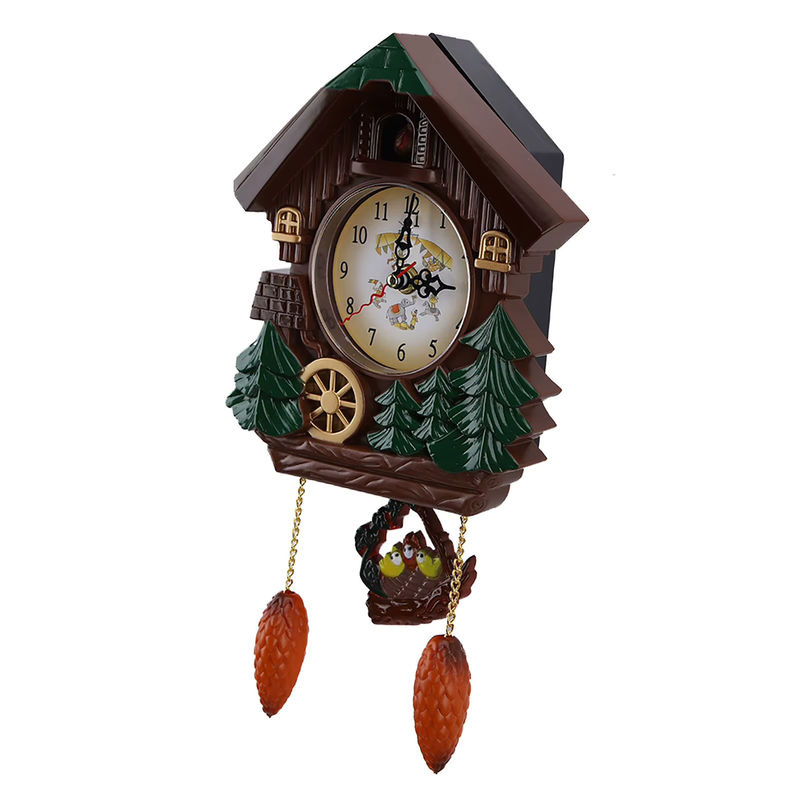 Qiilu Kuckucksuhr in Holzoptik als Vintage Wanduhr mit floralem Baum-Haus-Design in Braun - Bild 2