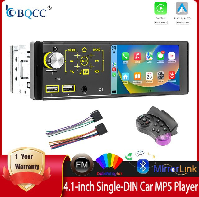 BQCC 1DIN Auto-MP5-Player mit 4,1 Zoll Display, Apple CarPlay und Bluetooth in Schwarz - Bild 1