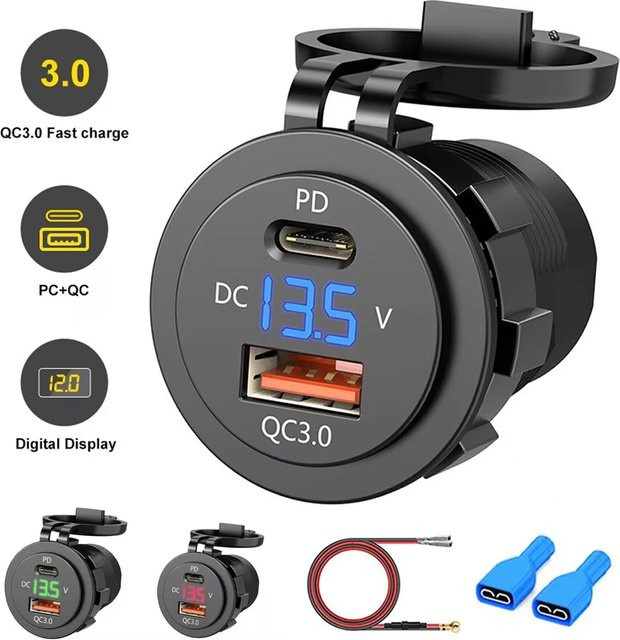 Wasserdichte USB-Ladebuchse mit PD Typ C und QC3.0 Schnellladegerät-Adapter, 12V 40W mit Schalter, Schwarz, für Auto, Marine und Motorrad - Bild 1