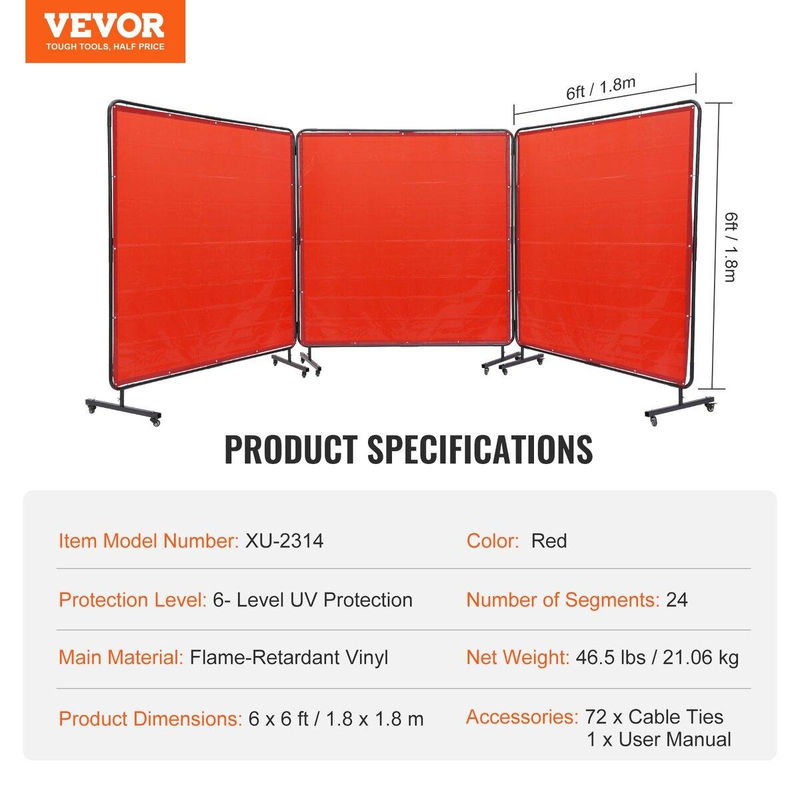 Buying Solutions MB Schweißschutzschirm mit 3-Panel-Rahmen aus flammhemmendem Vinyl in Rot, B/H: 183 x 183 cm - Bild 6