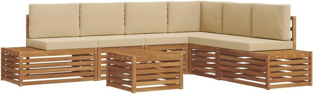 vidaXL Outdoor-Sofagarnitur aus Akazienholz in L-Form mit Kissen, 7-teiliges Set, Natur und Beige - Bild 1