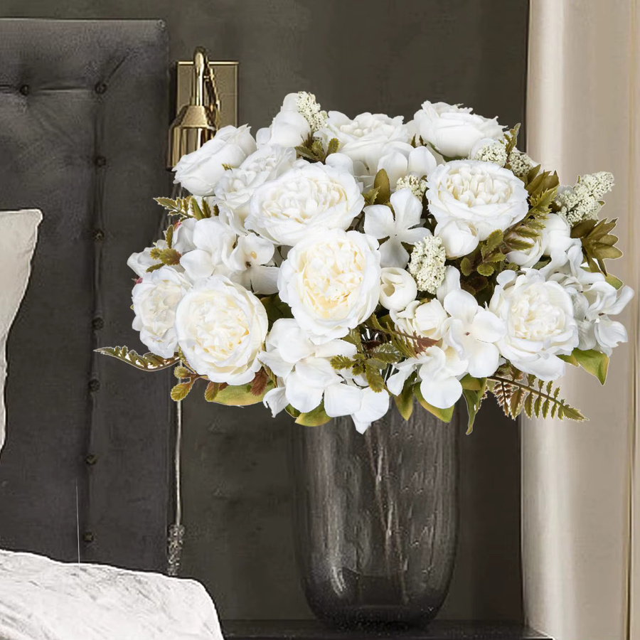 XIAOYINMO Künstliche Seiden-Blumen in Weiß als Hortensien und Pfingstrosen für Hochzeiten, Garten und Dekoration - Bild 1