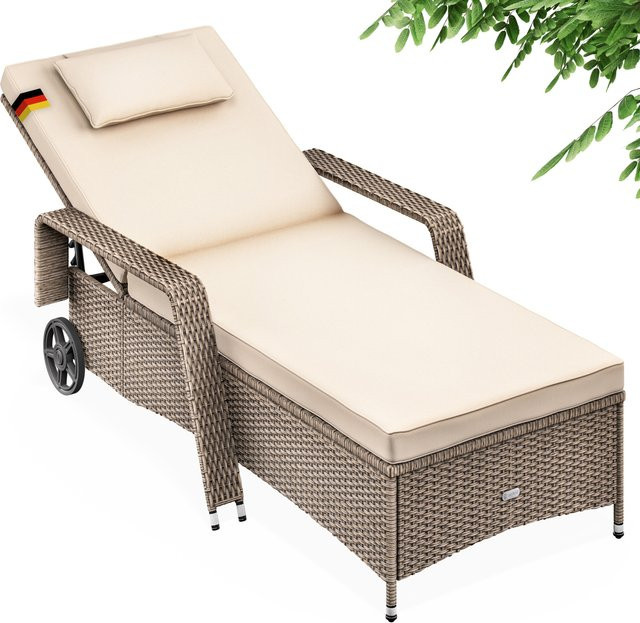Casaria Polyrattan Gartenliege in Beige mit verstellbarer Kopfstütze und Rollen, B/T/H: 193 x 90 x 43 cm - Bild 1