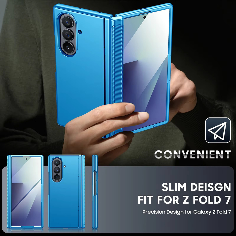 Magnetische Hülle für Samsung Galaxy Z Fold 7 mit integriertem 9H Glas-Displayschutz, Scharnierschutz und verstecktem Ständer in Hellblau - Bild 6