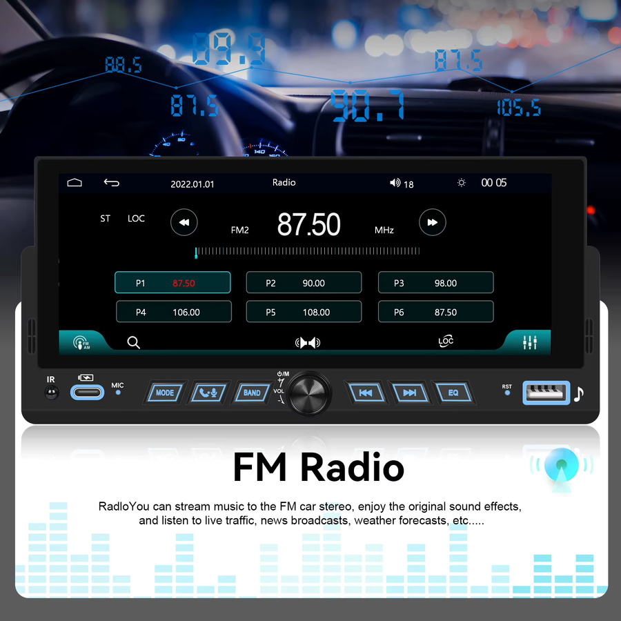Podofo 1DIN Auto-Multimediaplayer mit 6,86 Zoll Display, kabellosem CarPlay, Android Auto, Mirror Link, Bluetooth, USB und Rückfahrkamera in Schwarz - Bild 5