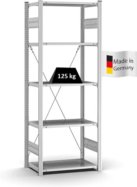PROREGAL Profi Lagerregal Stecksystem T-Profil Grundregal, Farbe: Silber, H x B x T: 200 x 75 x 40 cm, Fachlast 125 kg, verzinkt - Bild 1