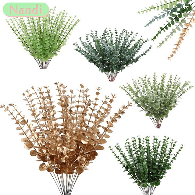 10-teiliges Set künstliche Eukalyptusblätter von NANDI in Grün und Gold für Tischdekoration und florale Gestaltung - Bild 1